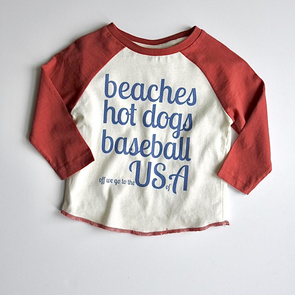 SAMPLE SALE - Copy of OFF WE GO TO THE USA - Baseball Sleeve Baby Tee - Little Mate Adventures