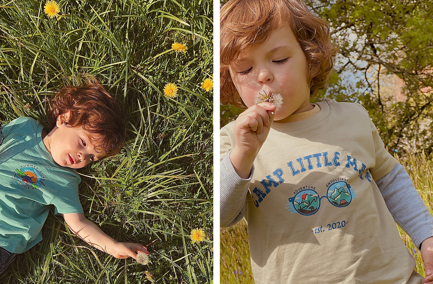 kids t-shirts for summer. camp little mate little mate adventures toddler and kids t-shirts. left is summer camp pocket logo t-shirt in a light minty green color  and the right is our camp little mate logo with sunnies reflecting the mountains on tan tee