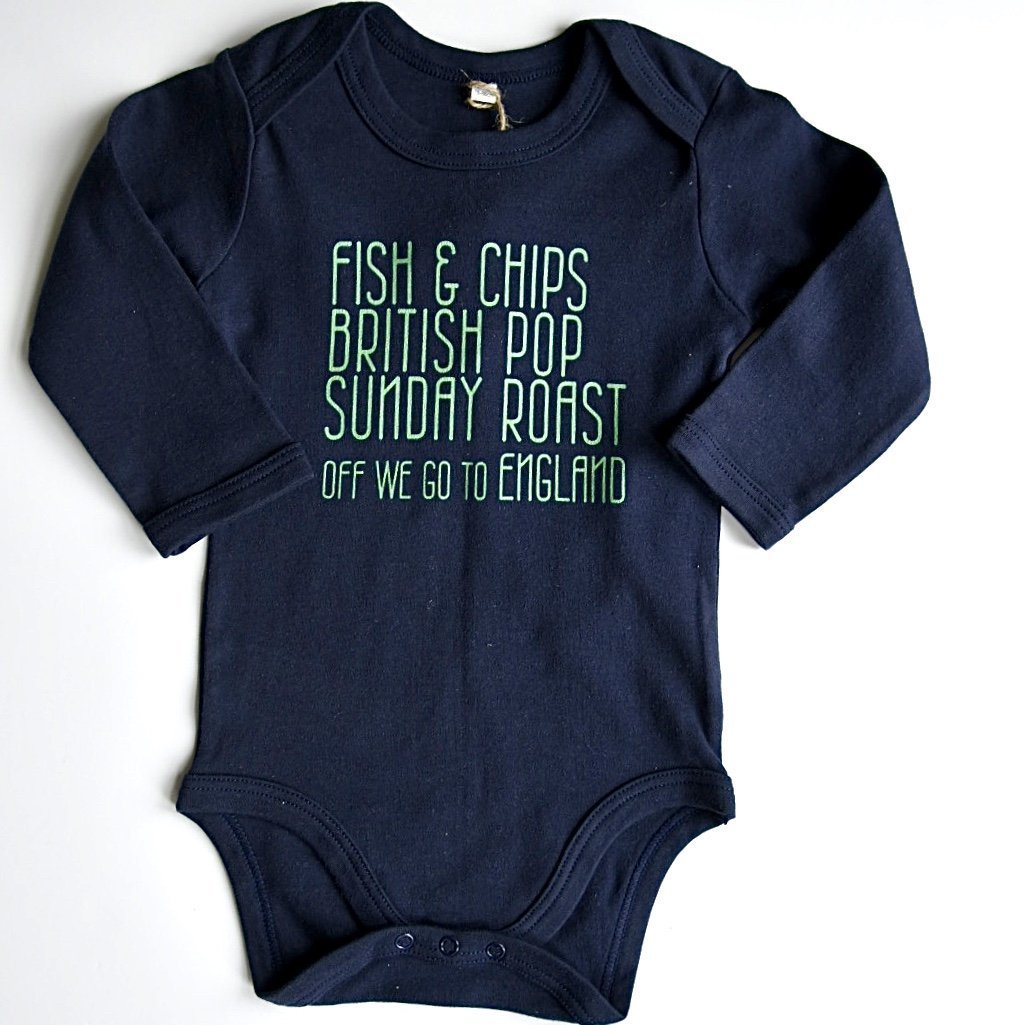 OFF WE GO TO ENGLAND - Long Sleeve Envelope Neckline Bodysuit - Little Mate Adventures 