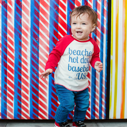 SAMPLE SALE - Copy of OFF WE GO TO THE USA - Baseball Sleeve Baby Tee - Little Mate Adventures 