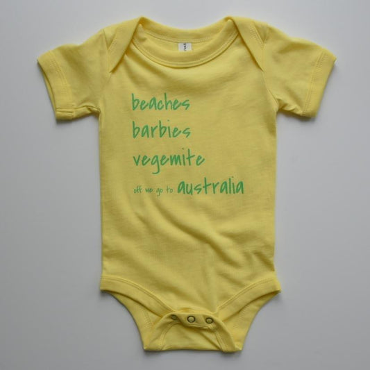 SAMPLE SALE - OFF WE GO TO AUSTRALIA - Short Sleeve Envelope Neckline Bodysuit - Little Mate Adventures 
